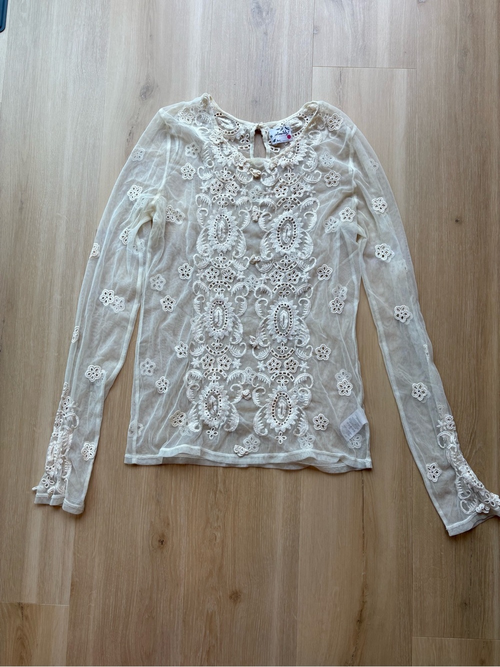 Free People Cream Sheer Lace-Appliqué Long Sleeve Top